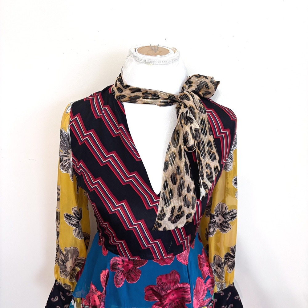 Alice + Olivia Dasha 100% Silk Patchwork Tiered Ruffle Mini Dress Size 4 Floral - Picture 2 of 15